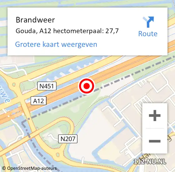 Locatie op kaart van de 112 melding: Brandweer Gouda, A12 hectometerpaal: 27,7 op 7 juli 2024 15:36