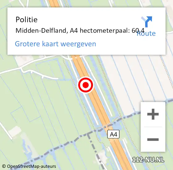 Locatie op kaart van de 112 melding: Politie Midden-Delfland, A4 hectometerpaal: 60,4 op 7 juli 2024 16:08