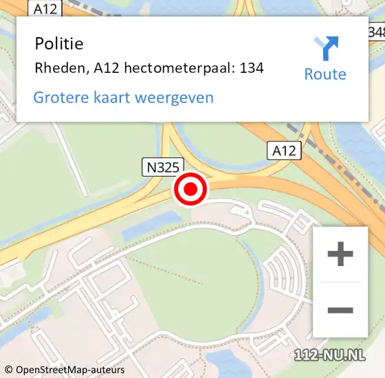 Locatie op kaart van de 112 melding: Politie Rheden, A12 hectometerpaal: 134 op 7 juli 2024 17:34