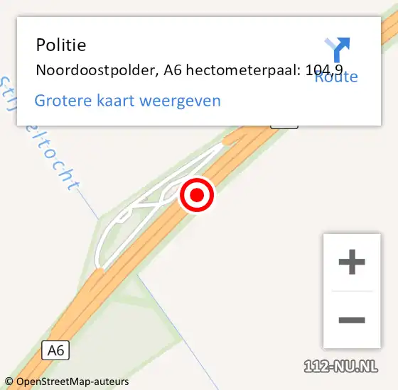 Locatie op kaart van de 112 melding: Politie Noordoostpolder, A6 hectometerpaal: 104,9 op 7 juli 2024 18:15