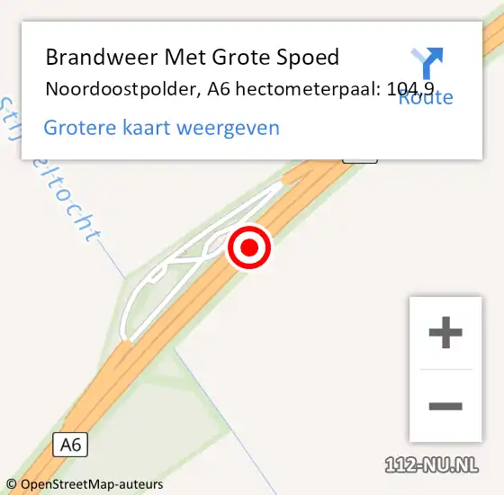 Locatie op kaart van de 112 melding: Brandweer Met Grote Spoed Naar Noordoostpolder, A6 hectometerpaal: 104,9 op 7 juli 2024 18:15