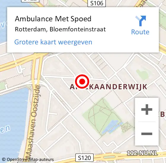 Locatie op kaart van de 112 melding: Ambulance Met Spoed Naar Rotterdam, Bloemfonteinstraat op 7 juli 2024 18:18