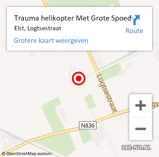 Locatie op kaart van de 112 melding: Trauma helikopter Met Grote Spoed Naar Elst, Logtsestraat op 7 juli 2024 20:16