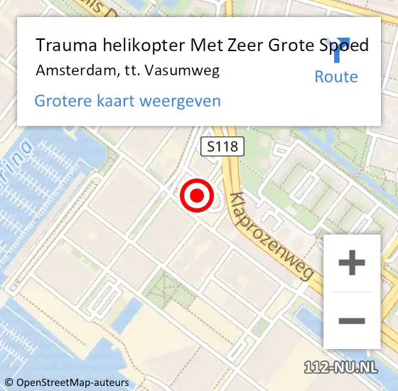 Locatie op kaart van de 112 melding: Trauma helikopter Met Zeer Grote Spoed Naar Amsterdam, tt. Vasumweg op 7 juli 2024 22:03