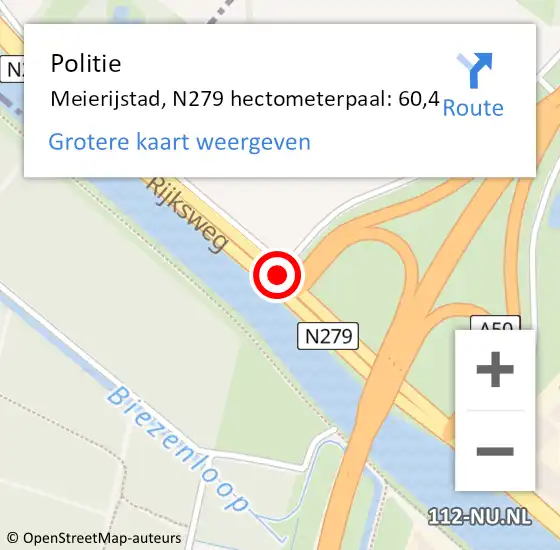 Locatie op kaart van de 112 melding: Politie Meierijstad, N279 hectometerpaal: 60,4 op 7 juli 2024 22:14