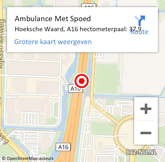 Locatie op kaart van de 112 melding: Ambulance Met Spoed Naar Hoeksche Waard, A16 hectometerpaal: 37,9 op 7 juli 2024 23:27