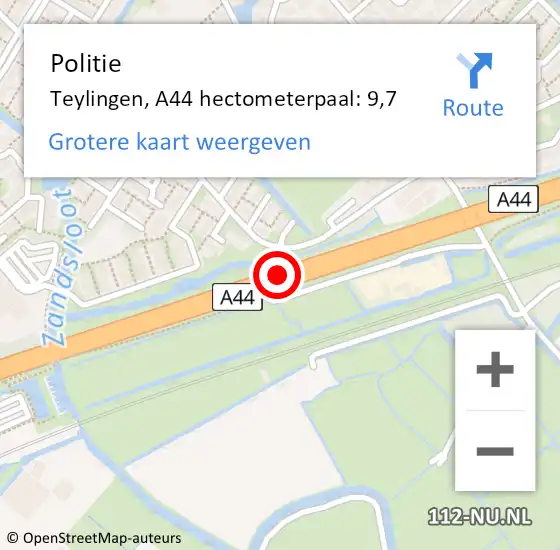 Locatie op kaart van de 112 melding: Politie Teylingen, A44 hectometerpaal: 9,7 op 7 juli 2024 23:38