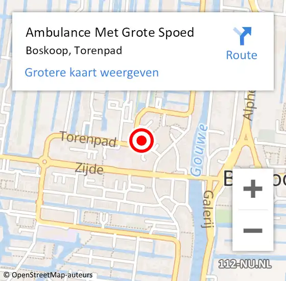 Locatie op kaart van de 112 melding: Ambulance Met Grote Spoed Naar Boskoop, Torenpad op 8 juli 2024 08:14