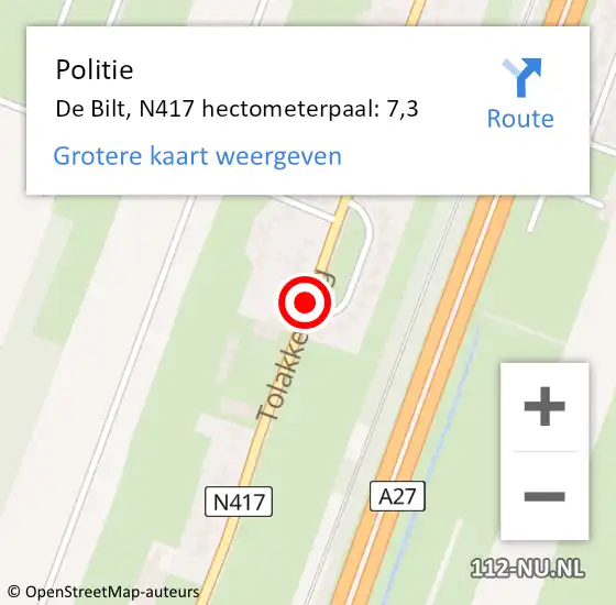 Locatie op kaart van de 112 melding: Politie De Bilt, N417 hectometerpaal: 7,3 op 8 juli 2024 08:20