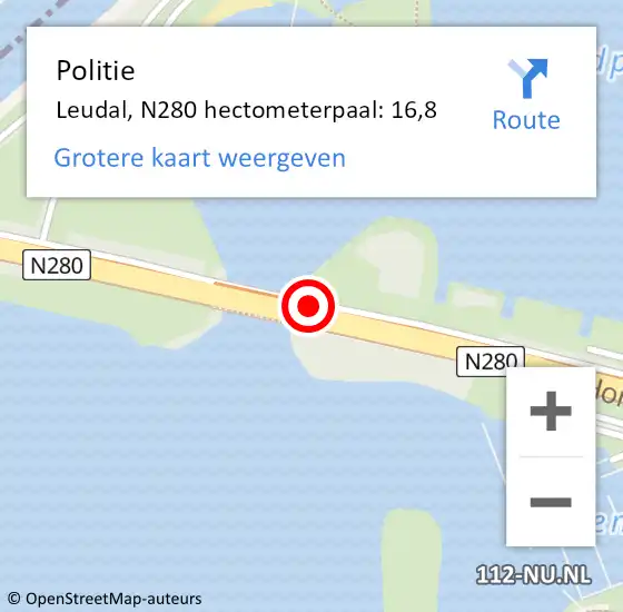 Locatie op kaart van de 112 melding: Politie Leudal, N280 hectometerpaal: 16,8 op 8 juli 2024 08:31