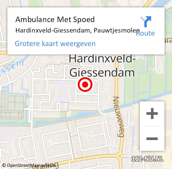 Locatie op kaart van de 112 melding: Ambulance Met Spoed Naar Hardinxveld-Giessendam, Pauwtjesmolen op 8 juli 2024 10:38