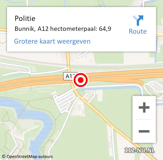 Locatie op kaart van de 112 melding: Politie Bunnik, A12 hectometerpaal: 64,9 op 8 juli 2024 12:03