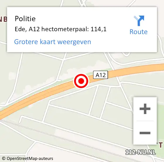 Locatie op kaart van de 112 melding: Politie Ede, A12 hectometerpaal: 114,1 op 8 juli 2024 12:25