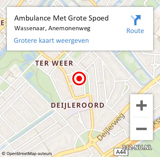 Locatie op kaart van de 112 melding: Ambulance Met Grote Spoed Naar Wassenaar, Anemonenweg op 8 juli 2024 12:33