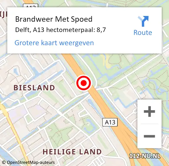 Locatie op kaart van de 112 melding: Brandweer Met Spoed Naar Delft, A13 hectometerpaal: 8,7 op 8 juli 2024 12:39