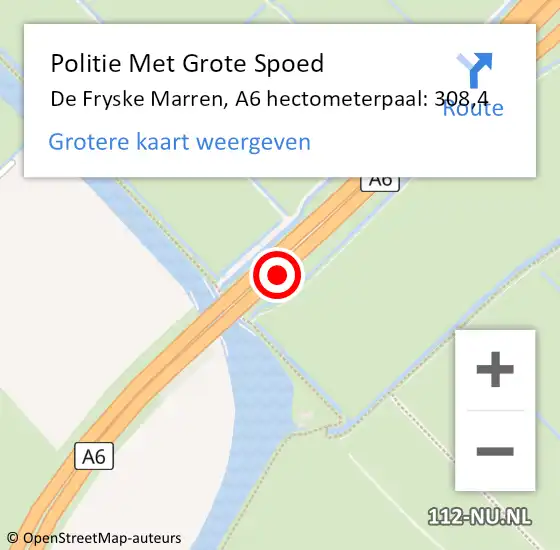 Locatie op kaart van de 112 melding: Politie Met Grote Spoed Naar De Fryske Marren, A6 hectometerpaal: 308,4 op 8 juli 2024 13:51