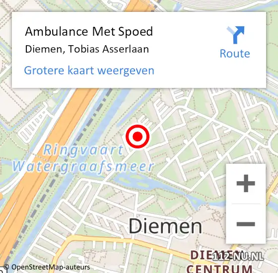 Locatie op kaart van de 112 melding: Ambulance Met Spoed Naar Diemen, Tobias Asserlaan op 8 juli 2024 13:52