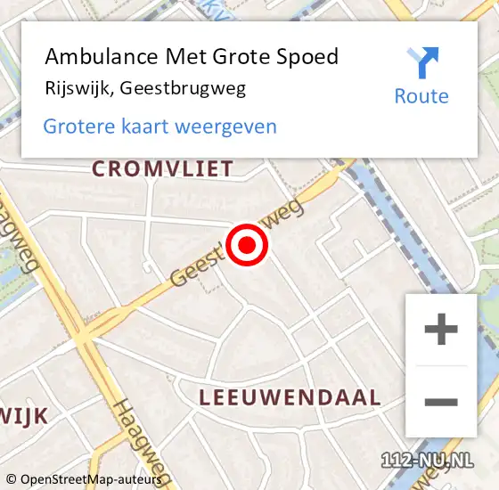 Locatie op kaart van de 112 melding: Ambulance Met Grote Spoed Naar Rijswijk, Geestbrugweg op 8 juli 2024 14:15