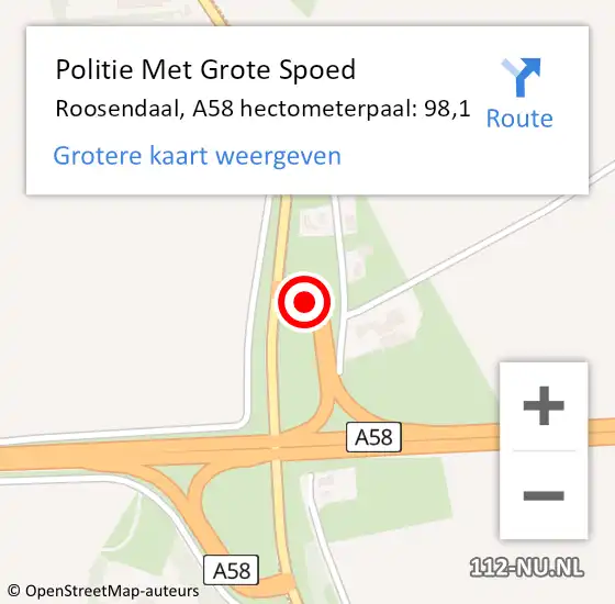 Locatie op kaart van de 112 melding: Politie Met Grote Spoed Naar Roosendaal, A58 hectometerpaal: 98,1 op 8 juli 2024 15:33