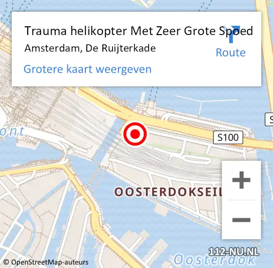 Locatie op kaart van de 112 melding: Trauma helikopter Met Zeer Grote Spoed Naar Amsterdam, De Ruijterkade op 8 juli 2024 15:47