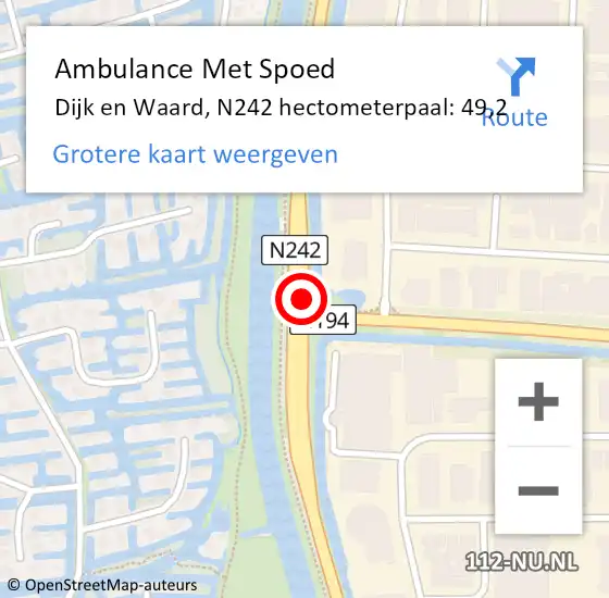 Locatie op kaart van de 112 melding: Ambulance Met Spoed Naar Dijk en Waard, N242 hectometerpaal: 49,2 op 8 juli 2024 15:57