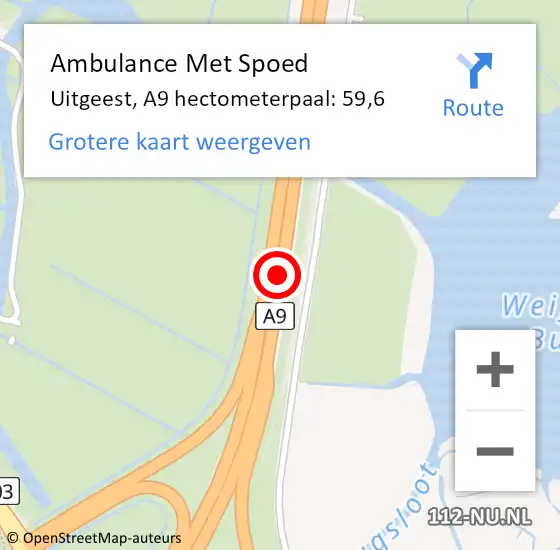 Locatie op kaart van de 112 melding: Ambulance Met Spoed Naar Uitgeest, A9 hectometerpaal: 59,6 op 8 juli 2024 16:01