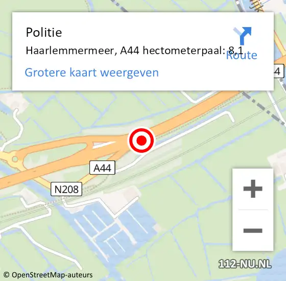 Locatie op kaart van de 112 melding: Politie Haarlemmermeer, A44 hectometerpaal: 8,1 op 8 juli 2024 16:04