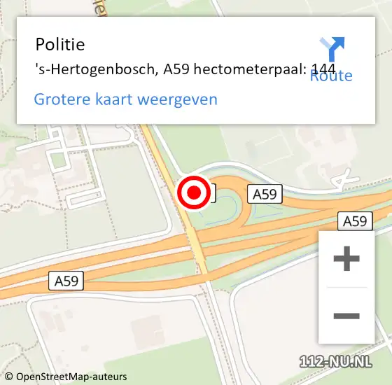 Locatie op kaart van de 112 melding: Politie 's-Hertogenbosch, A59 hectometerpaal: 144 op 8 juli 2024 16:13