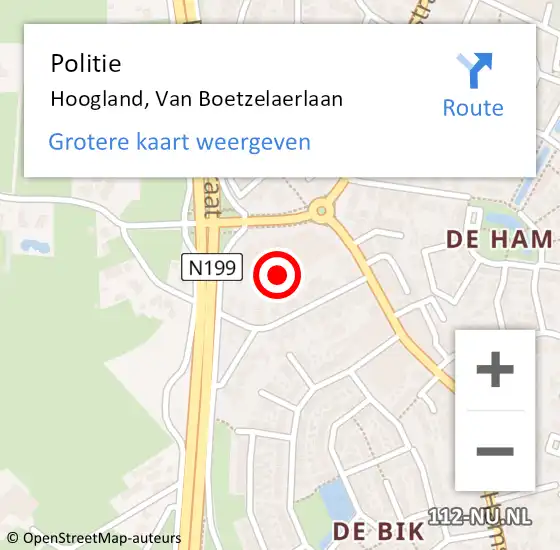 Locatie op kaart van de 112 melding: Politie Hoogland, Van Boetzelaerlaan op 8 juli 2024 16:38