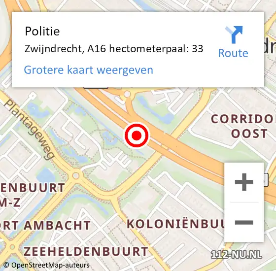 Locatie op kaart van de 112 melding: Politie Zwijndrecht, A16 hectometerpaal: 33 op 8 juli 2024 16:54