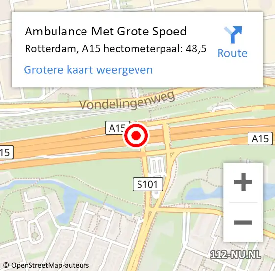 Locatie op kaart van de 112 melding: Ambulance Met Grote Spoed Naar Rotterdam, A15 hectometerpaal: 48,5 op 8 juli 2024 17:18