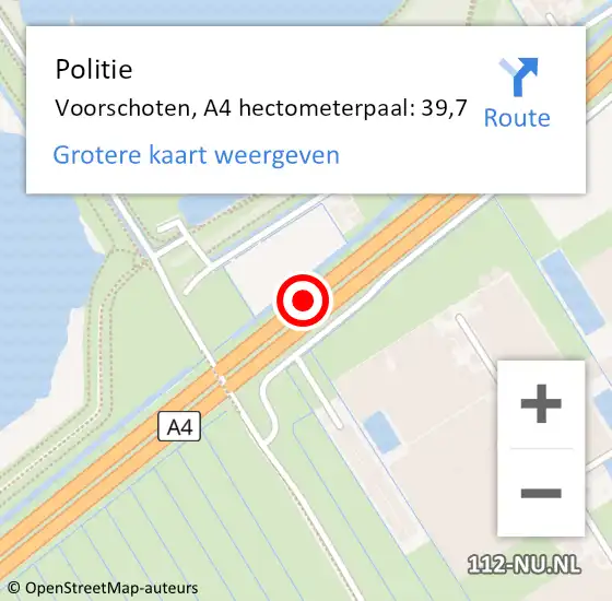 Locatie op kaart van de 112 melding: Politie Voorschoten, A4 hectometerpaal: 39,7 op 8 juli 2024 17:49