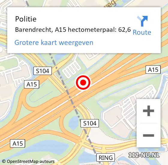 Locatie op kaart van de 112 melding: Politie Barendrecht, A15 hectometerpaal: 62,6 op 8 juli 2024 18:16