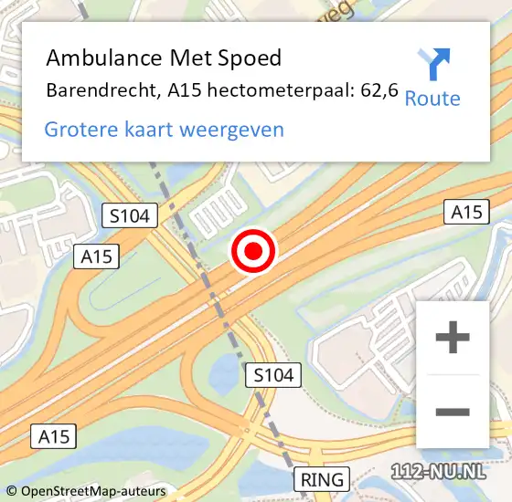 Locatie op kaart van de 112 melding: Ambulance Met Spoed Naar Barendrecht, A15 hectometerpaal: 62,6 op 8 juli 2024 18:18