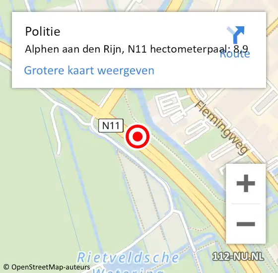 Locatie op kaart van de 112 melding: Politie Alphen aan den Rijn, N11 hectometerpaal: 8,9 op 8 juli 2024 18:33