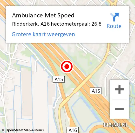 Locatie op kaart van de 112 melding: Ambulance Met Spoed Naar Ridderkerk, A16 hectometerpaal: 26,8 op 8 juli 2024 18:43