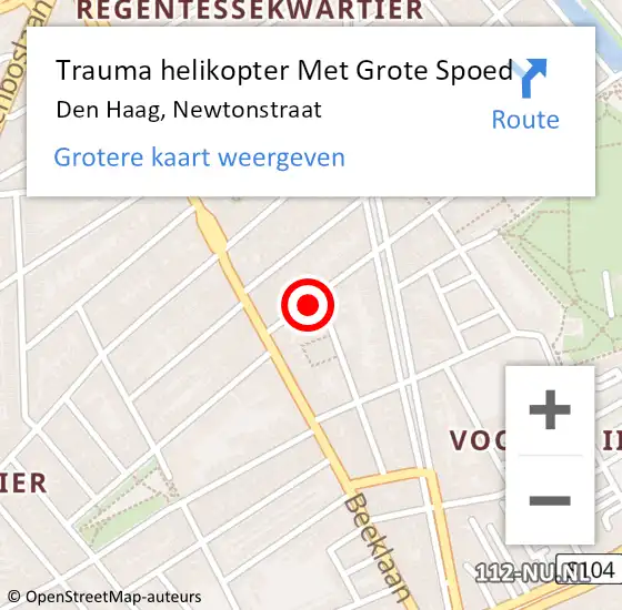 Locatie op kaart van de 112 melding: Trauma helikopter Met Grote Spoed Naar Den Haag, Newtonstraat op 8 juli 2024 18:57