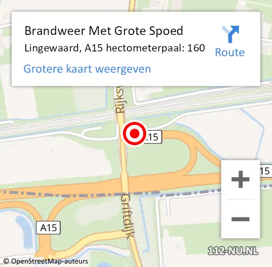 Locatie op kaart van de 112 melding: Brandweer Met Grote Spoed Naar Lingewaard, A15 hectometerpaal: 160 op 8 juli 2024 19:02