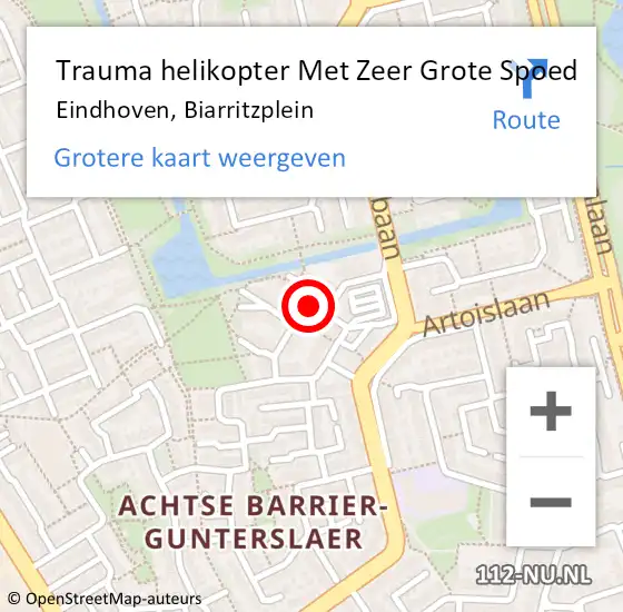 Locatie op kaart van de 112 melding: Trauma helikopter Met Zeer Grote Spoed Naar Eindhoven, Biarritzplein op 8 juli 2024 19:55