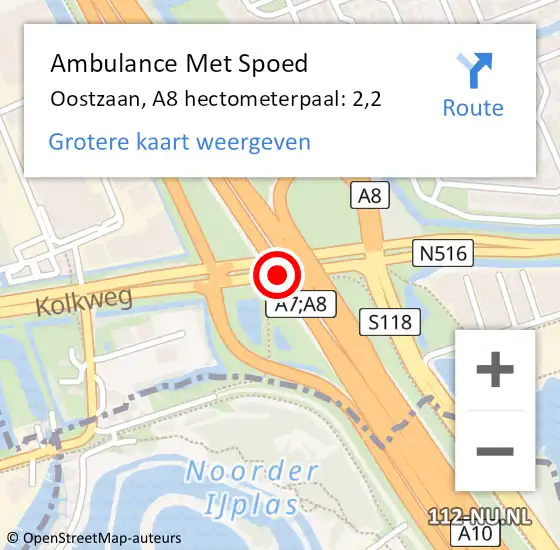 Locatie op kaart van de 112 melding: Ambulance Met Spoed Naar Oostzaan, A8 hectometerpaal: 2,2 op 8 juli 2024 21:00