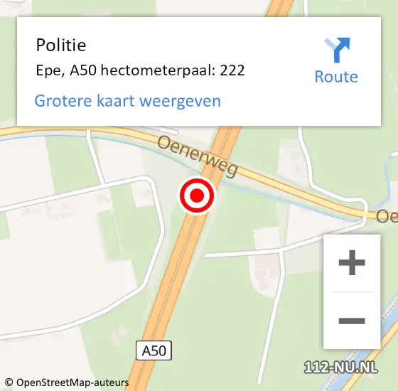 Locatie op kaart van de 112 melding: Politie Epe, A50 hectometerpaal: 222 op 8 juli 2024 22:51