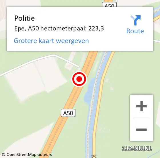 Locatie op kaart van de 112 melding: Politie Epe, A50 hectometerpaal: 223,3 op 8 juli 2024 22:53