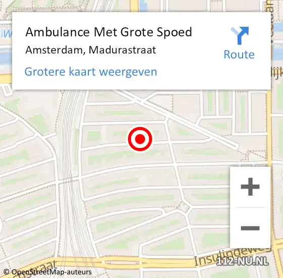 Locatie op kaart van de 112 melding: Ambulance Met Grote Spoed Naar Amsterdam, Madurastraat op 9 juli 2024 04:59