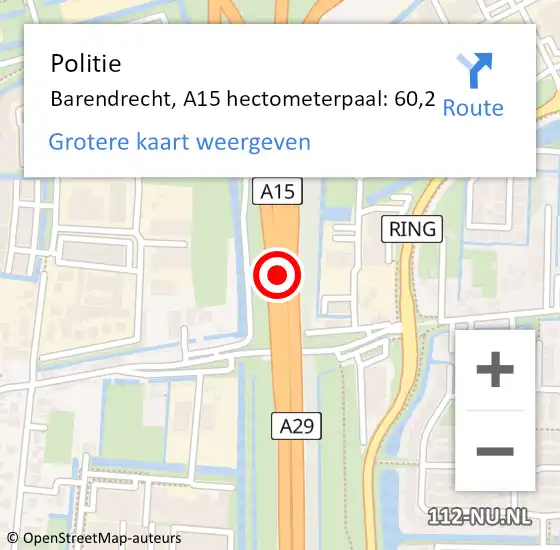 Locatie op kaart van de 112 melding: Politie Barendrecht, A15 hectometerpaal: 60,2 op 9 juli 2024 07:35