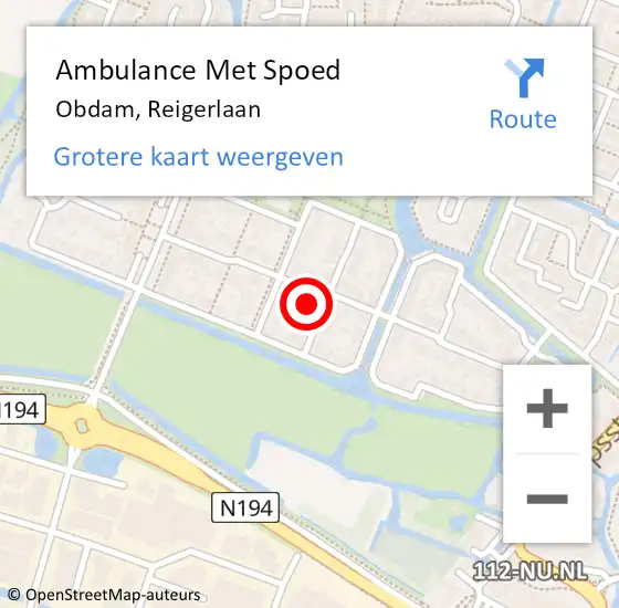 Locatie op kaart van de 112 melding: Ambulance Met Spoed Naar Obdam, Reigerlaan op 9 juli 2024 10:07