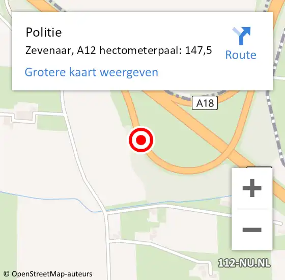 Locatie op kaart van de 112 melding: Politie Zevenaar, A12 hectometerpaal: 147,5 op 9 juli 2024 11:43