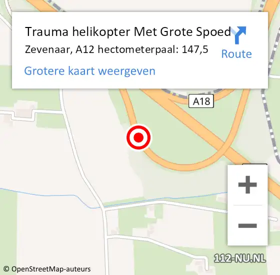 Locatie op kaart van de 112 melding: Trauma helikopter Met Grote Spoed Naar Zevenaar, A12 hectometerpaal: 147,5 op 9 juli 2024 11:50