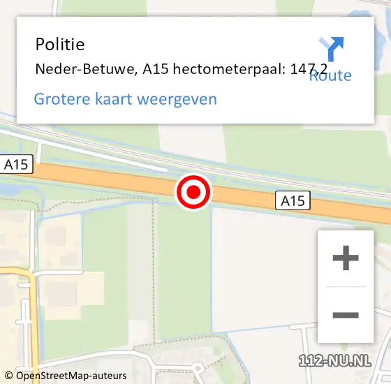Locatie op kaart van de 112 melding: Politie Neder-Betuwe, A15 hectometerpaal: 147,2 op 9 juli 2024 12:17