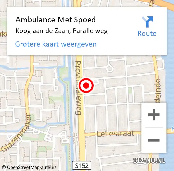 Locatie op kaart van de 112 melding: Ambulance Met Spoed Naar Koog aan de Zaan, Parallelweg op 9 juli 2024 12:24