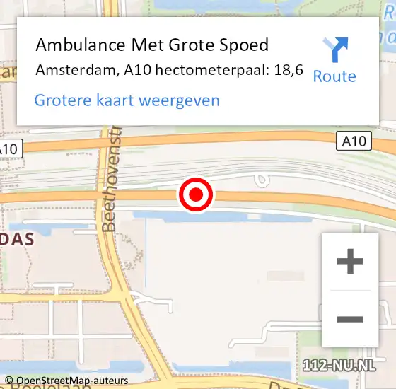 Locatie op kaart van de 112 melding: Ambulance Met Grote Spoed Naar Amsterdam, A10 hectometerpaal: 18,6 op 9 juli 2024 14:51